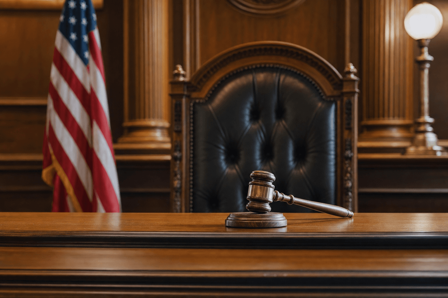 Judge's bench with gavel, seat of justice