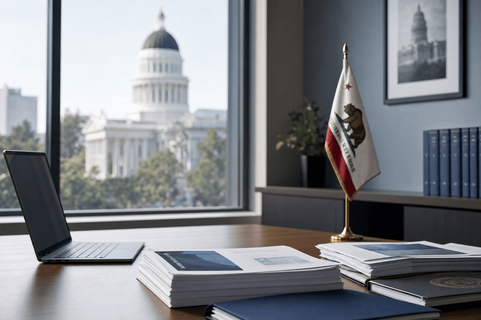 Legal professionals working at a desk with the US Capitol and flag at sunset.