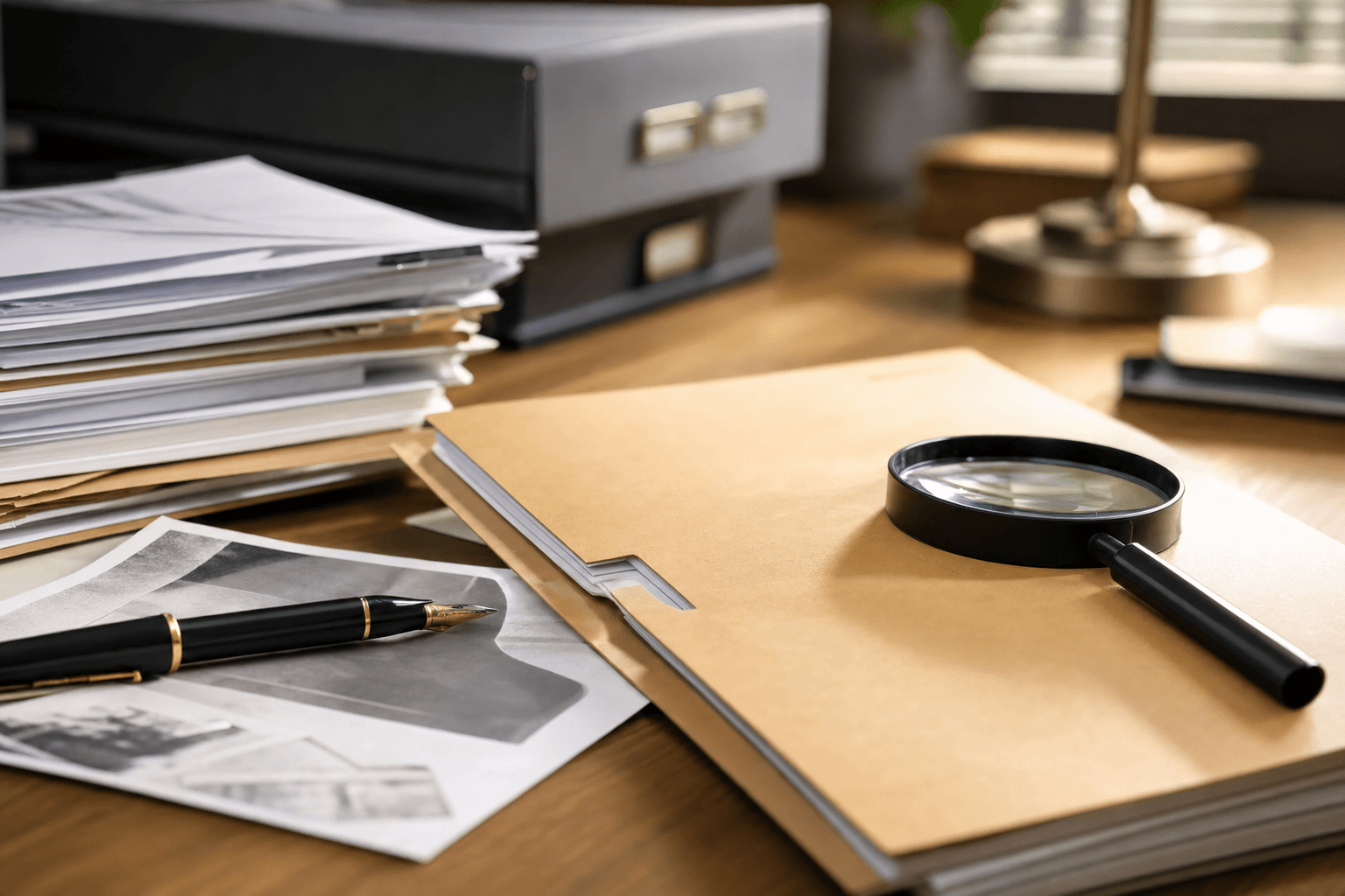 Document on desk photographed in warm office light