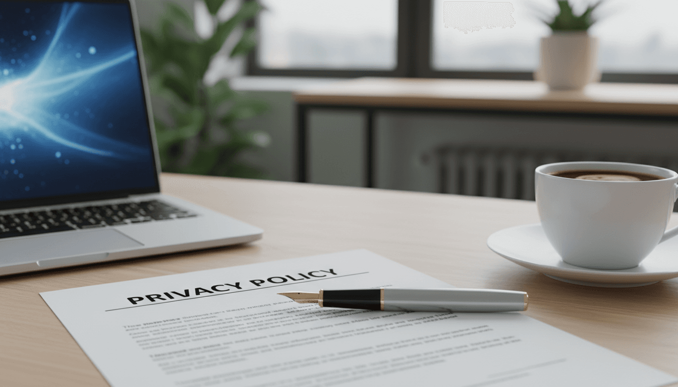 Document on privacy policy with a pen and laptop nearby