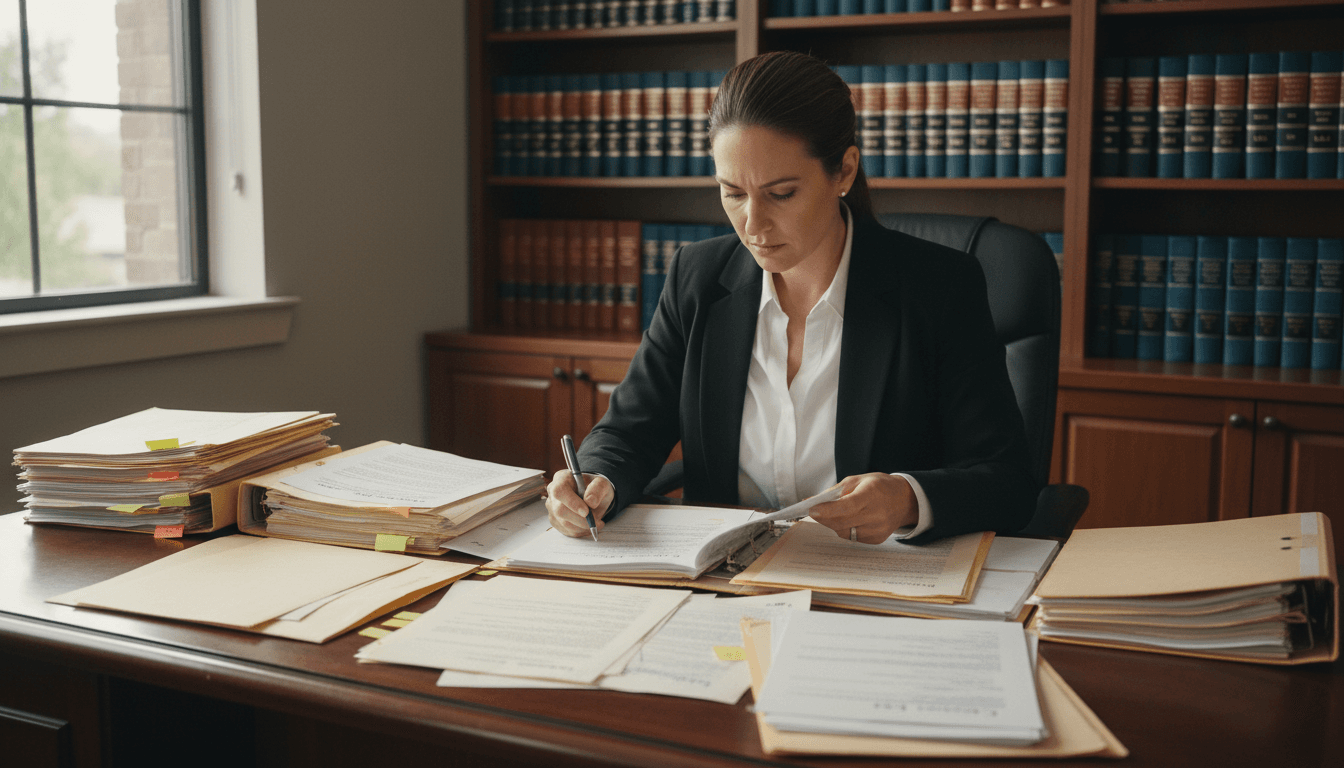 Litigation Attorney reviewing case documents