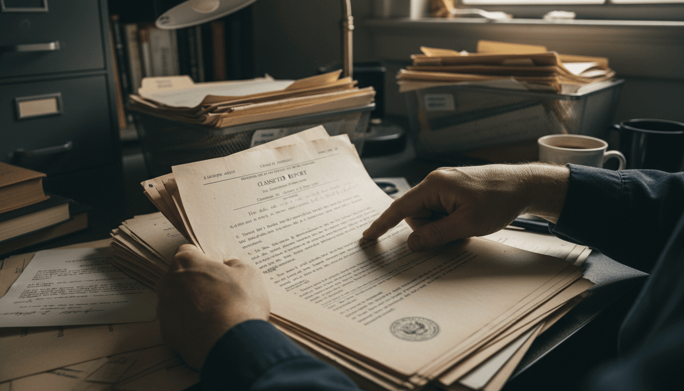Investigator examining public records and evidence