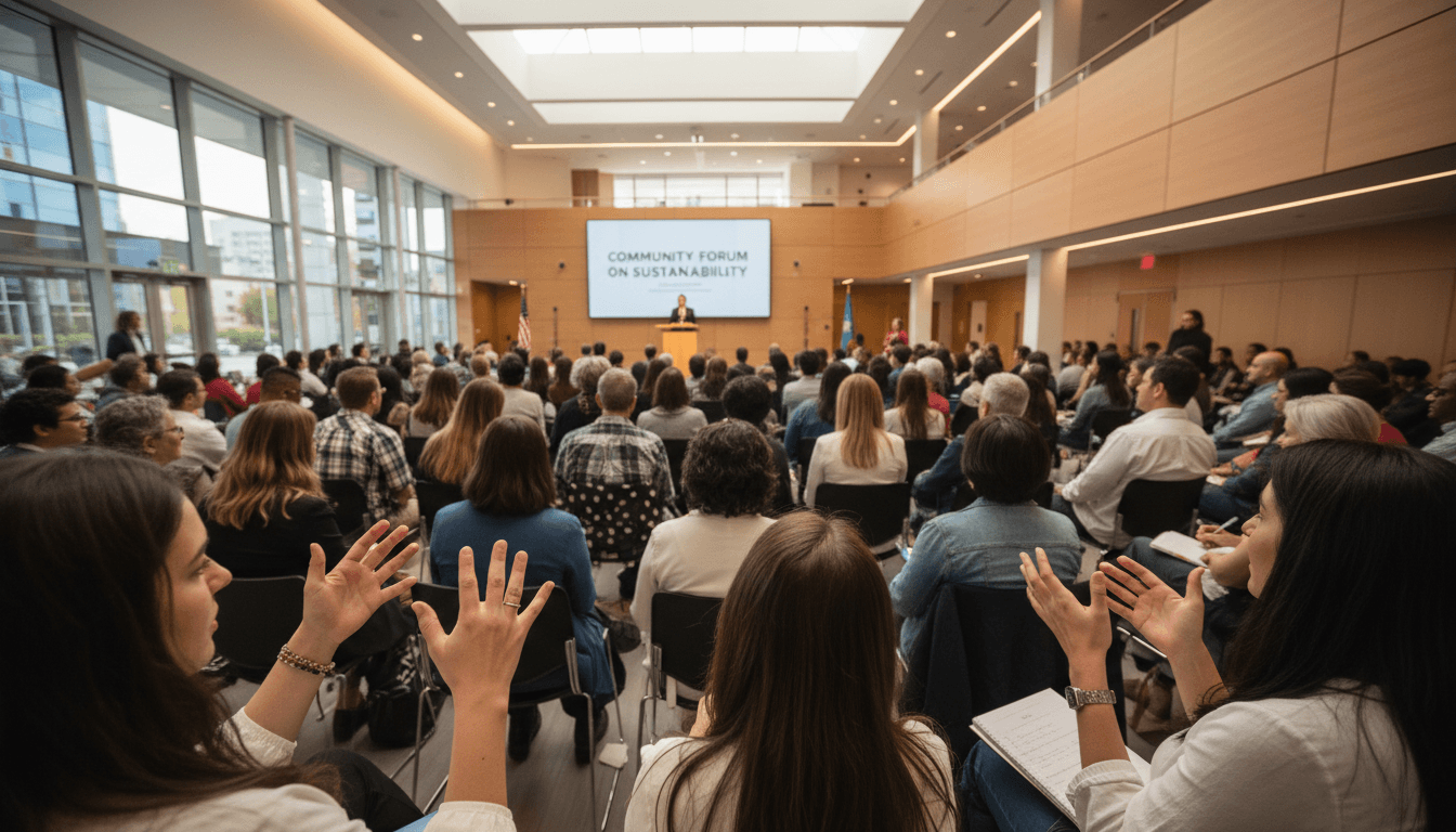 Diverse community members engaged in town hall discussion, hands raised, seated in modern civic center with natural lighting
