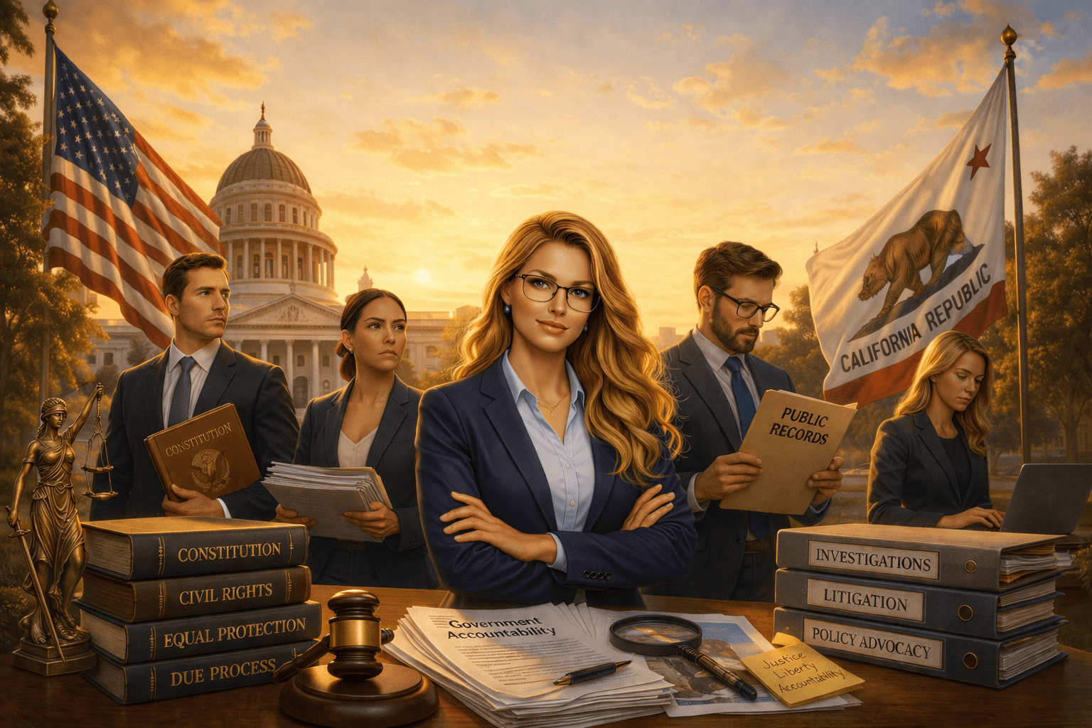 Legal professionals stand before the California State Capitol with law books and flags at sunset.