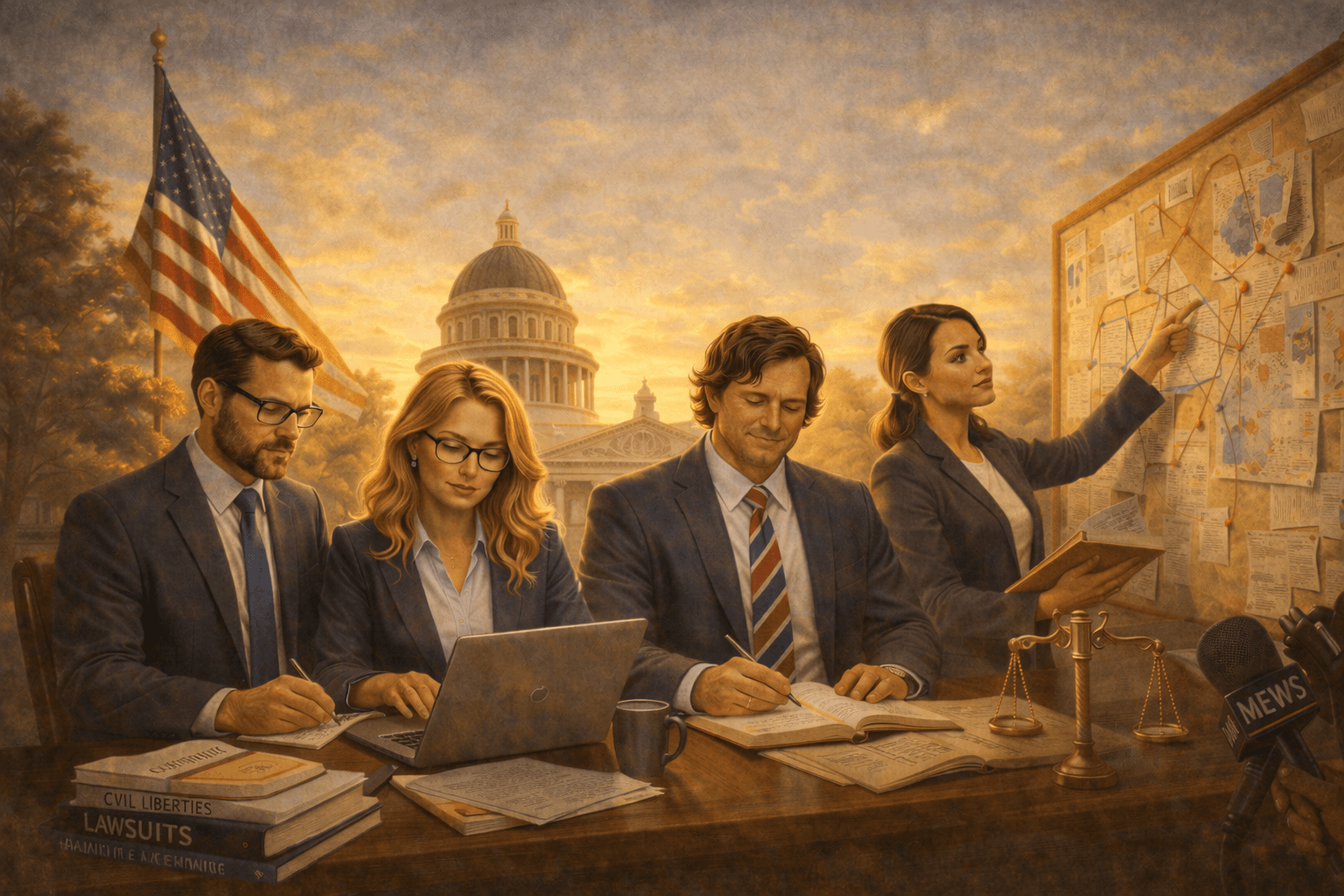 Legal professionals working at a desk with the US Capitol and flag at sunset.
