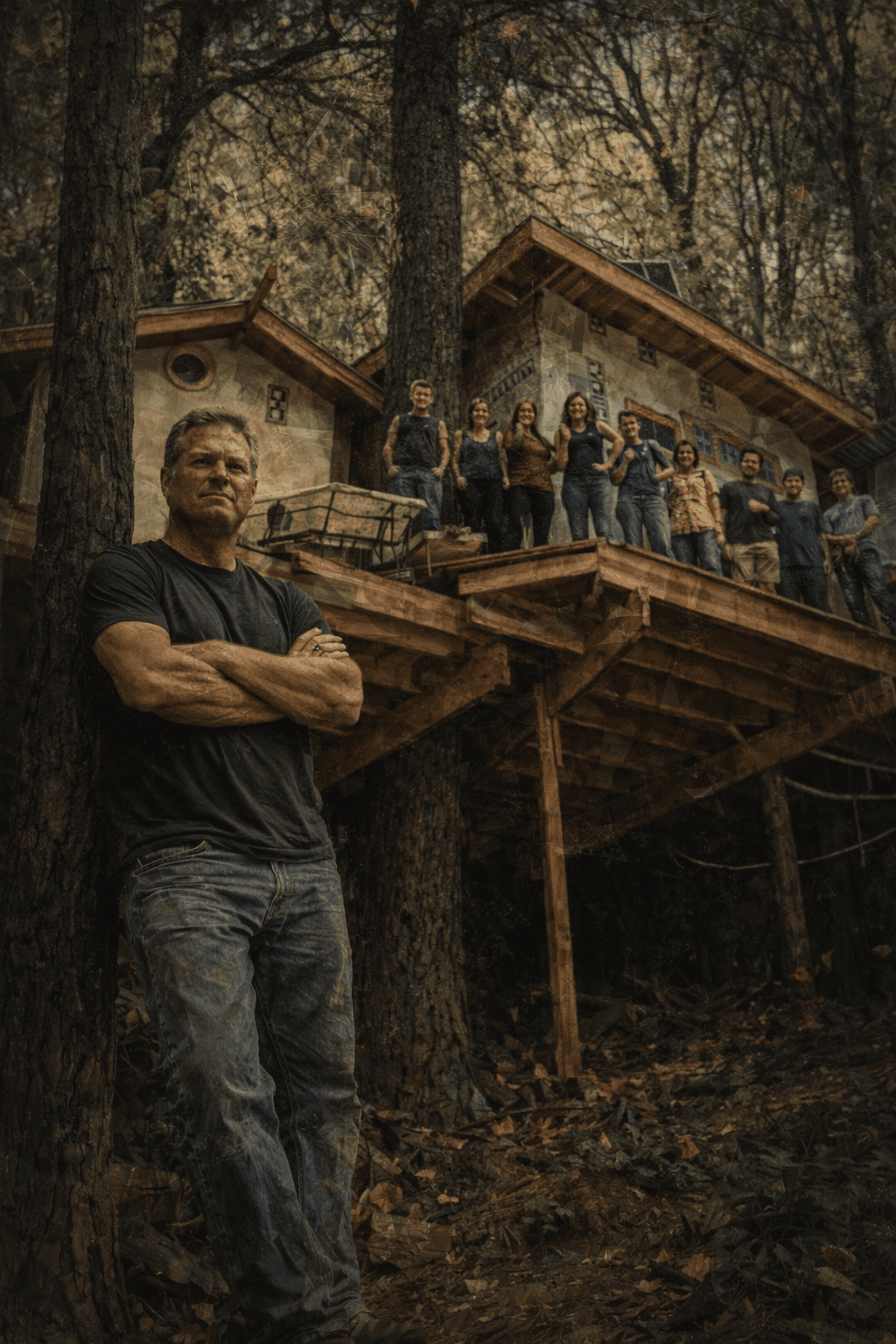 Man leaning against a tree with a group of people on a rustic treehouse deck.