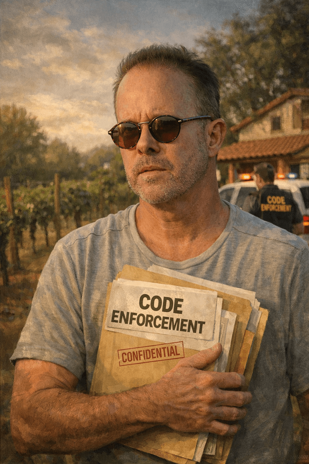 Man in sunglasses holds confidential code enforcement files at a vineyard with patrol vehicle.