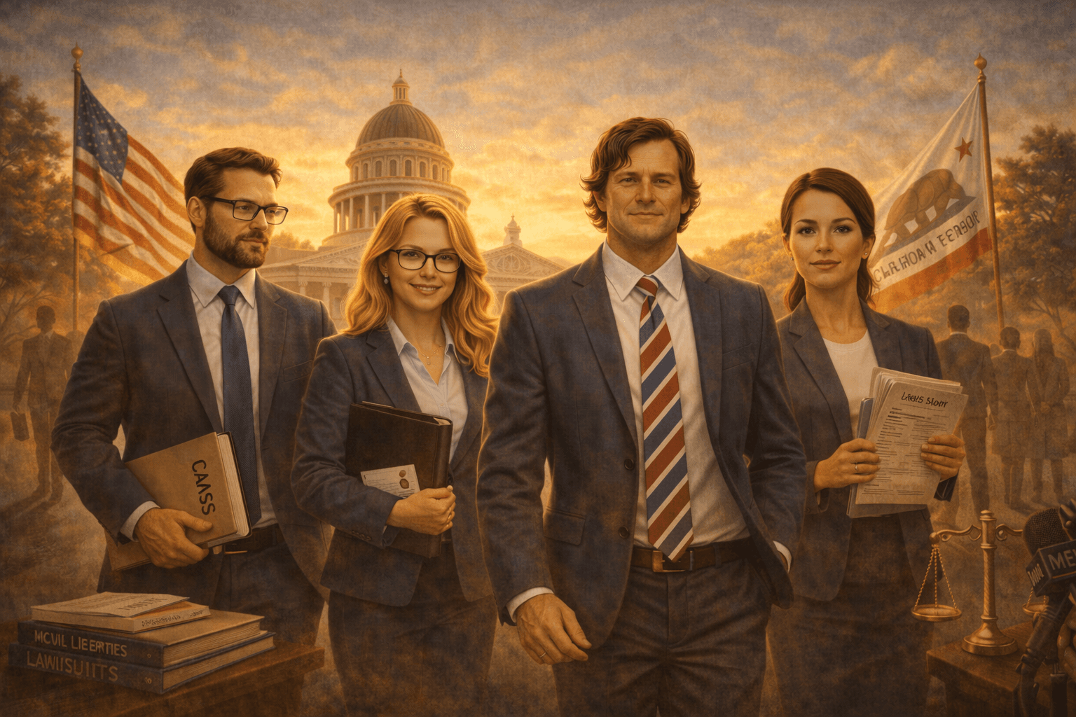 Four professionals in suits stand before the California State Capitol building under a sunset sky.