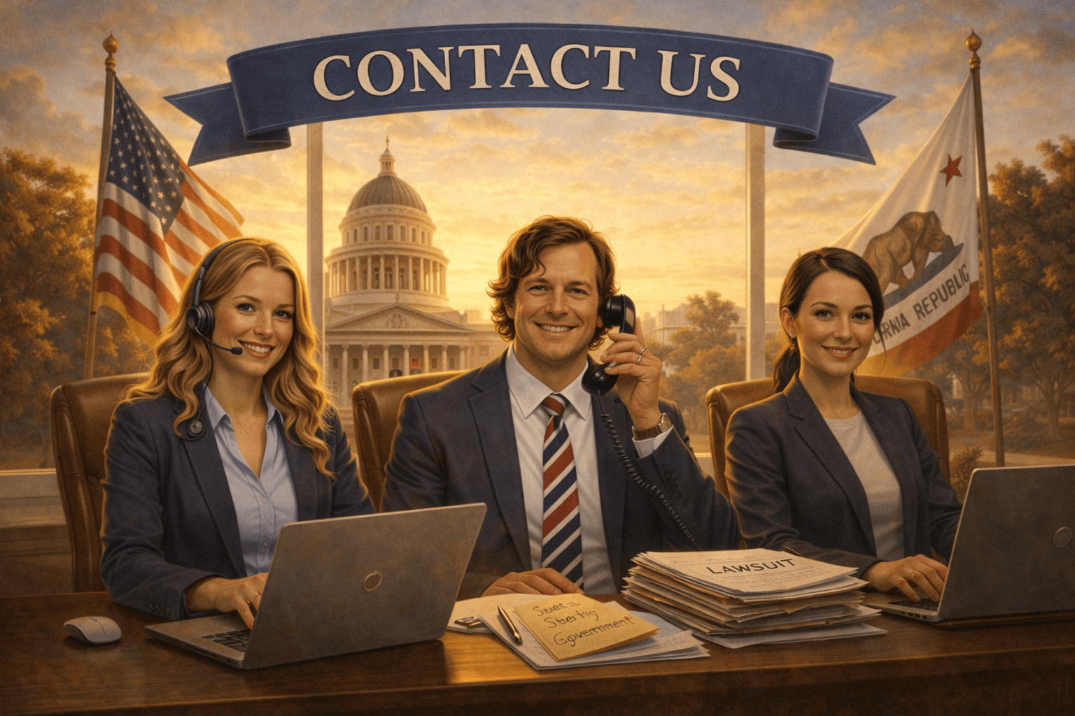 Smiling legal professionals at a desk with laptops, flags, and a "Contact Us" banner.