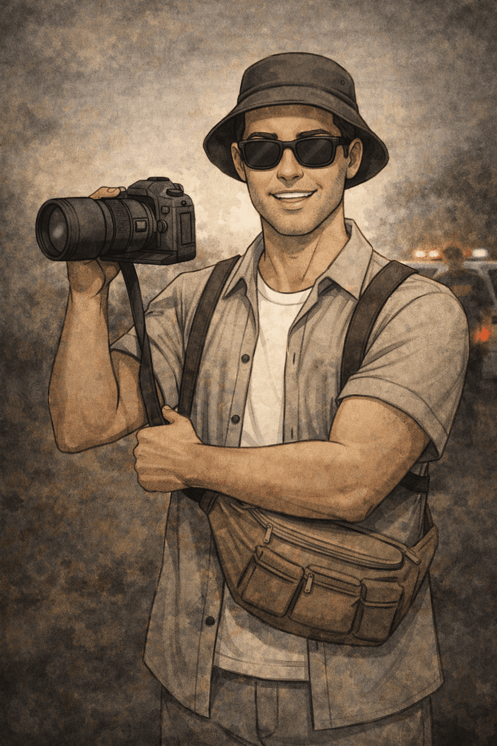 Smiling man in a bucket hat and sunglasses holding a professional camera, stylized illustration.