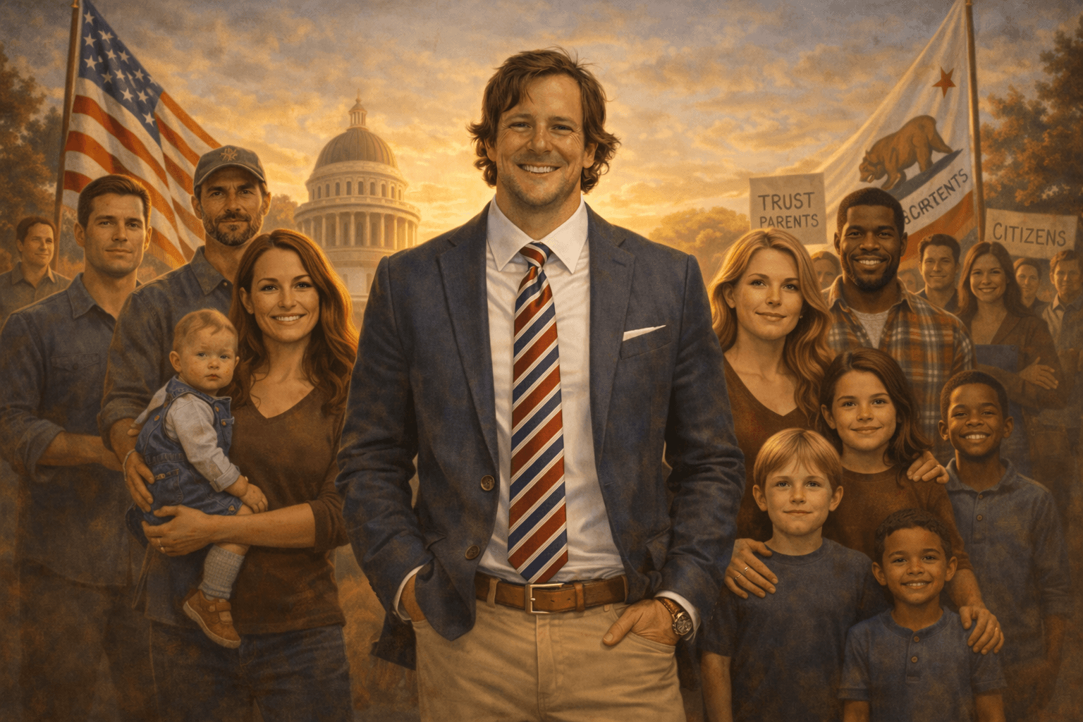 Smiling man in a suit with families before a capitol dome and American flags.