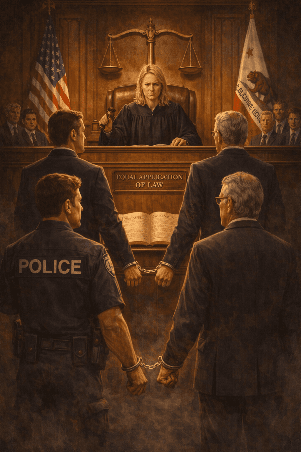 Handcuffed police and businessmen stand before a judge under an Equal Application of Law sign.