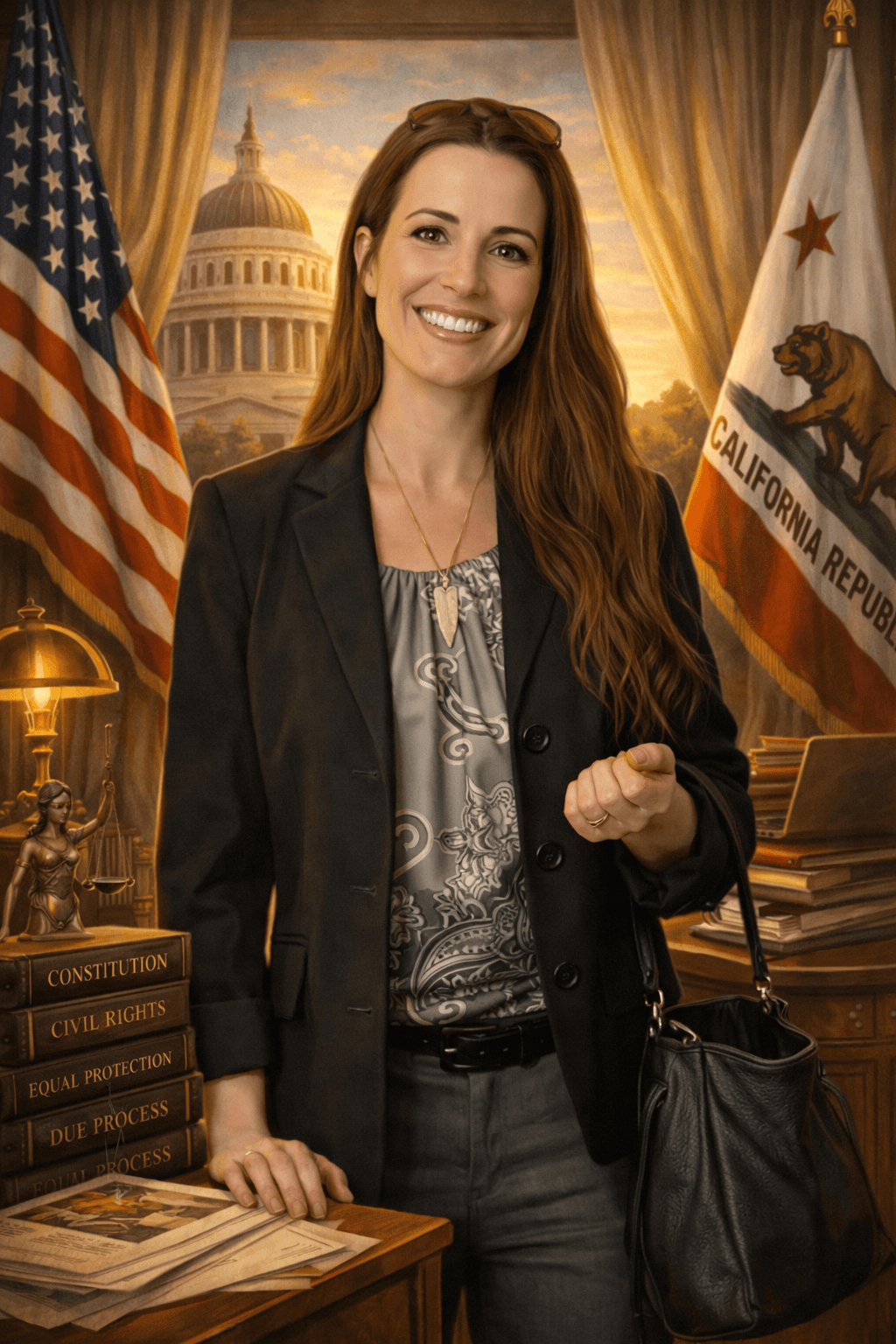 Smiling woman in professional attire stands between flags with law books and Capitol background.