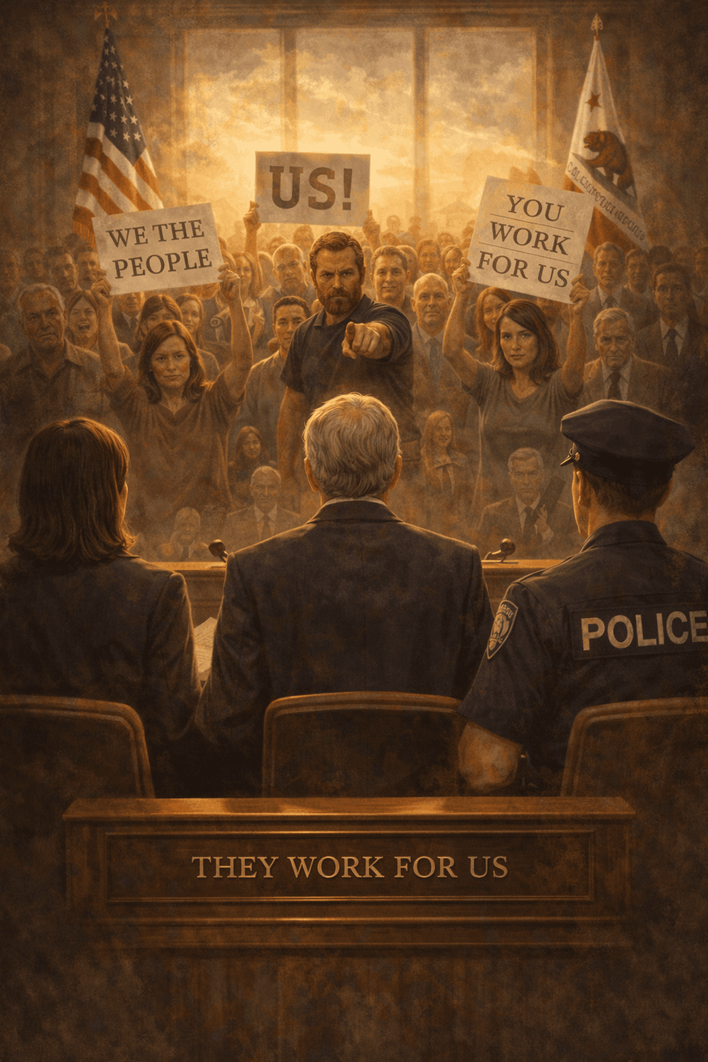 Citizens confront seated officials with signs reading "We the People" and "You work for us."