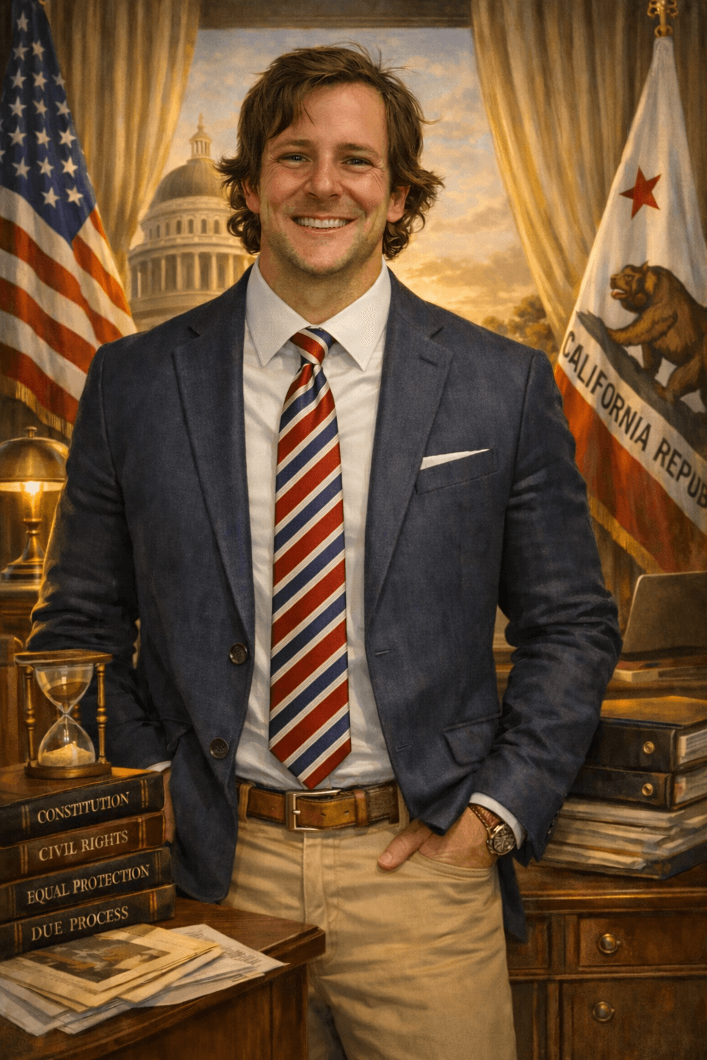 Smiling man in professional attire standing between American and California flags with legal books.