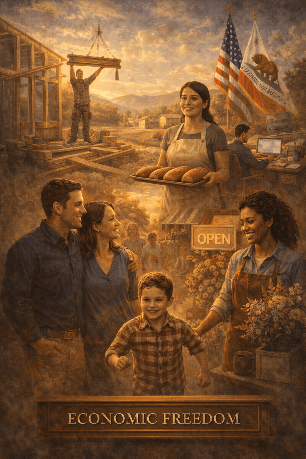 A golden-toned painting of diverse workers and a family titled 'Economic Freedom' with flags.