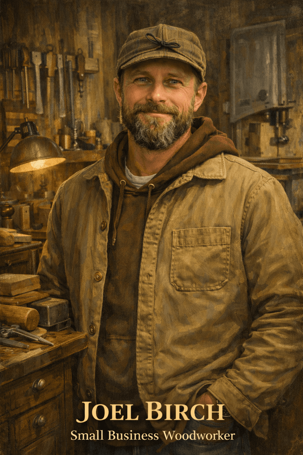 Bearded woodworker Joel Birch stands in a rustic workshop filled with tools and warm light.