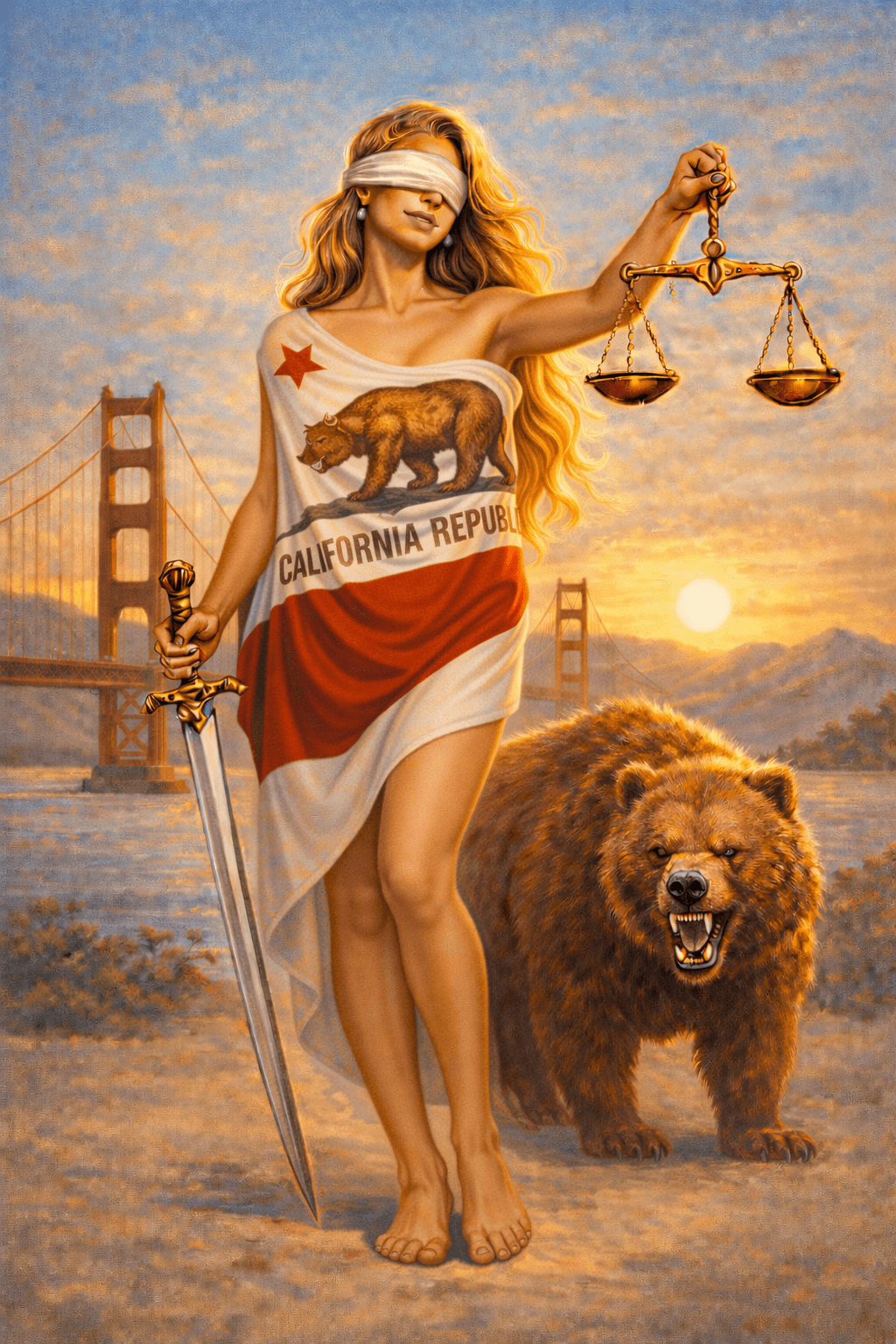 Blindfolded Lady Justice draped in California flag holding scales and sword, beside a grizzly bear.