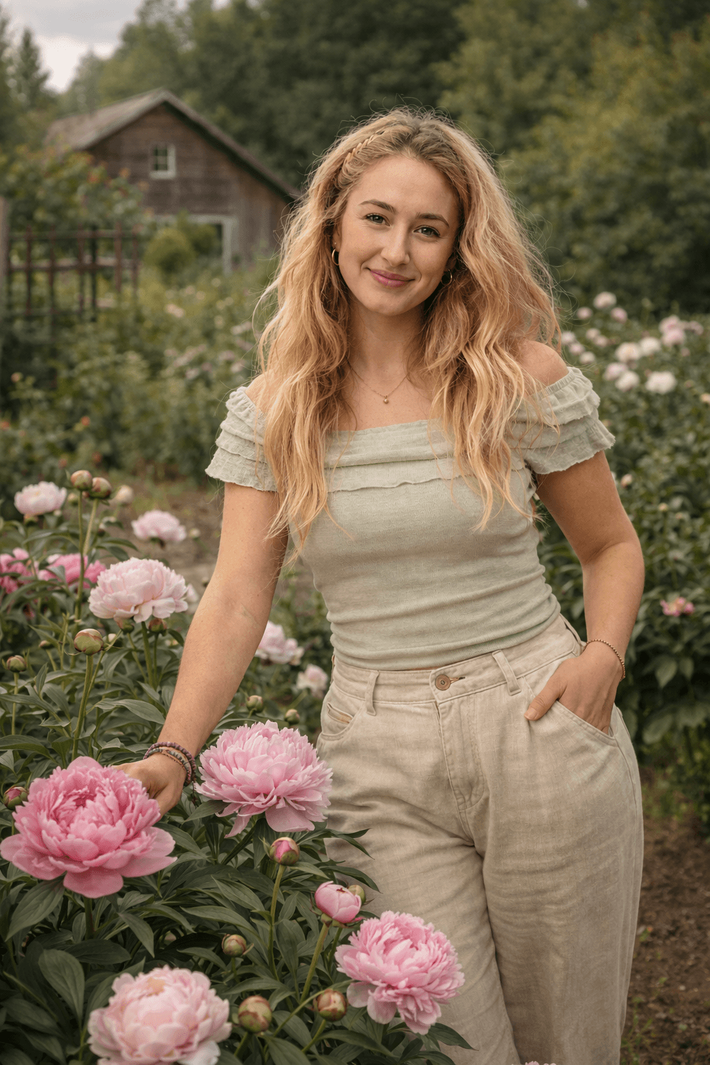 Smiling blonde woman in a light green top stands among blooming pink peonies.