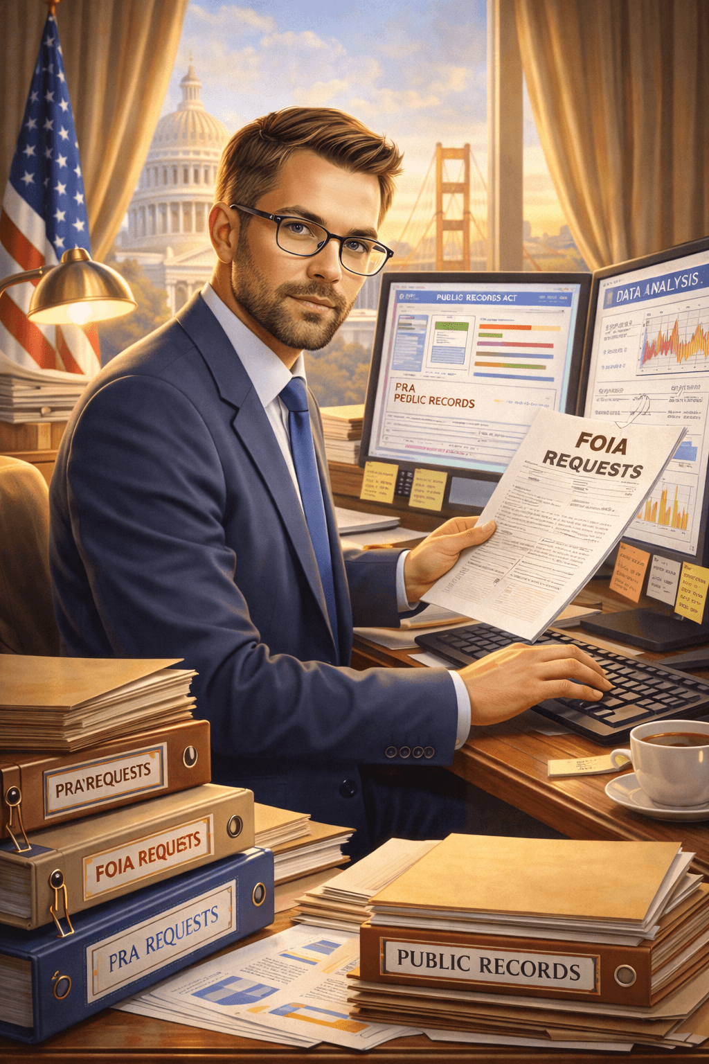 Professional man holding FOIA requests at a desk with binders and the US Capitol background.