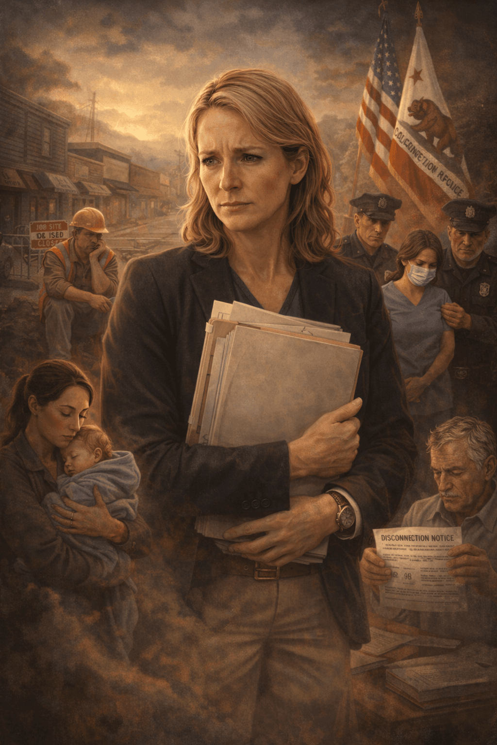 Concerned blonde woman holding files amidst scenes of American unemployment, economic hardship, and social struggle.