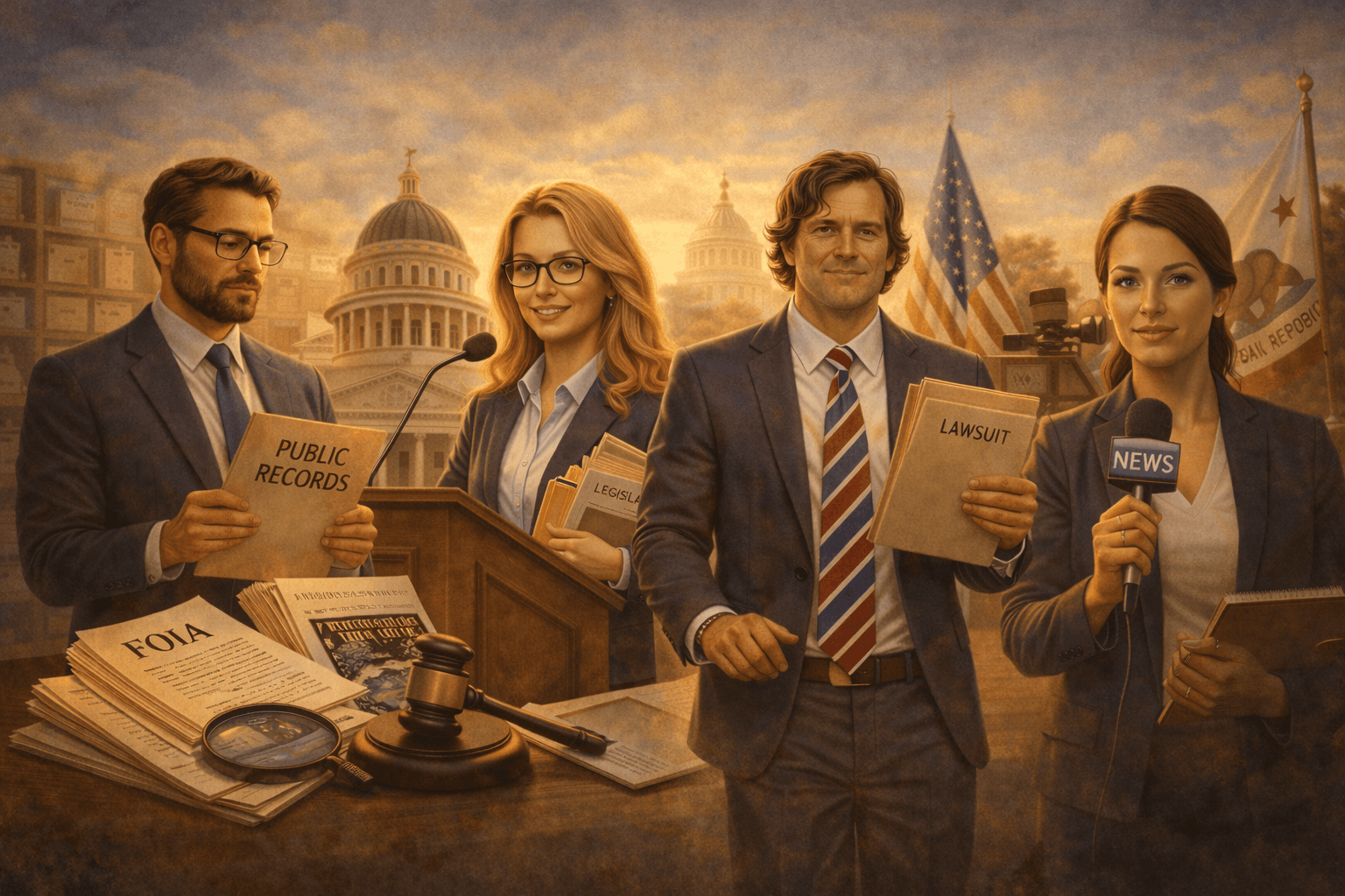 Legal and media professionals holding public records and news microphones before a government capitol.