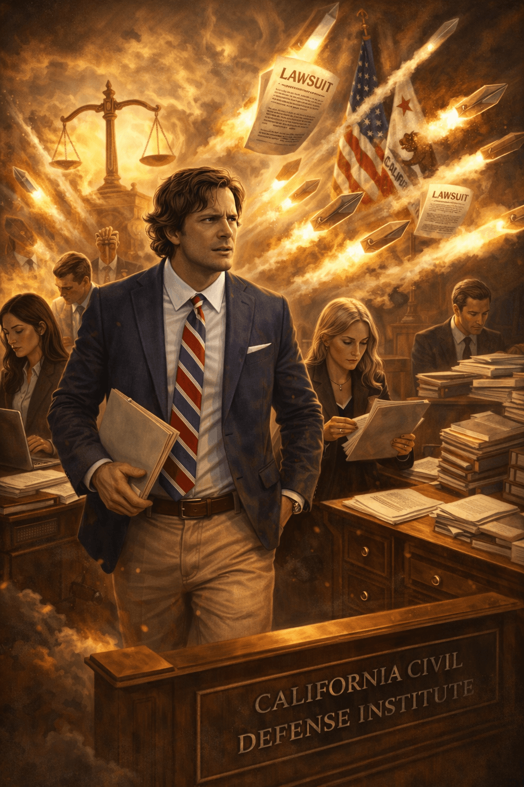 Determined lawyer walks through a fiery office as lawsuits fly like missiles in legal chaos.