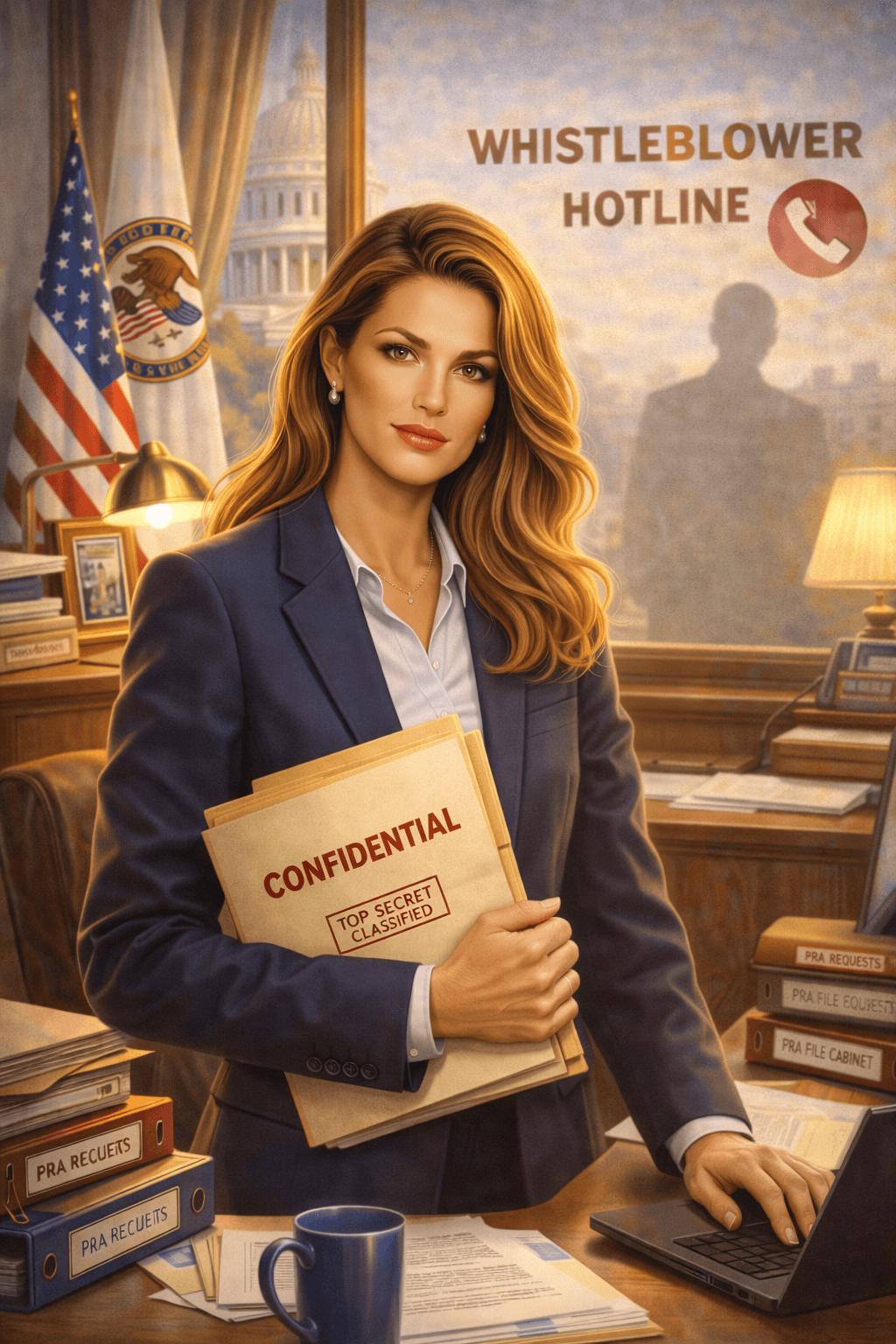 Professional woman holding top-secret files in a government office with a whistleblower hotline sign.
